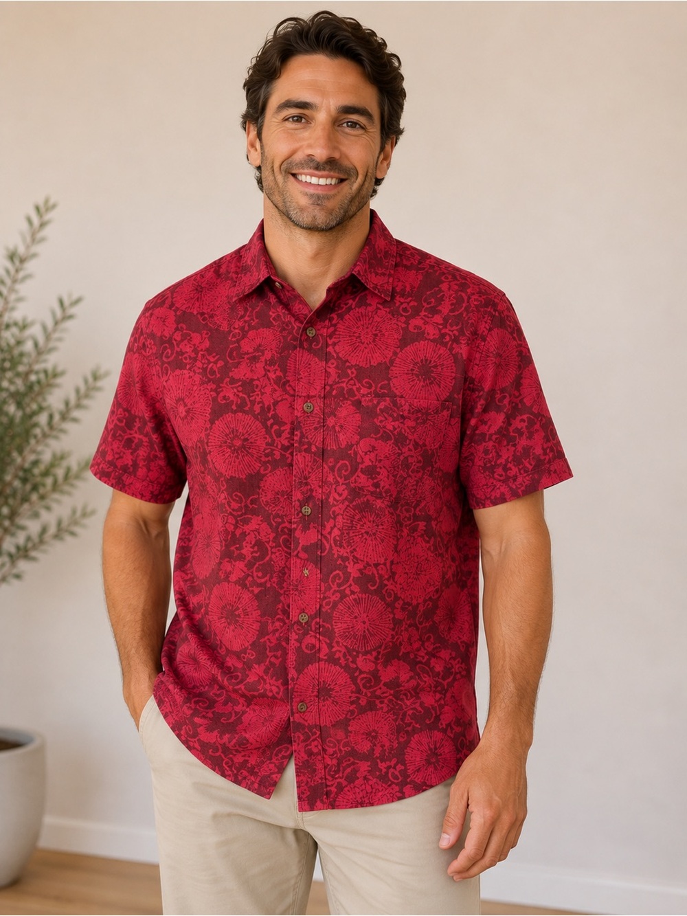 Retreat by J. Jill Red Linen Blend Floral Camp Shirt Size L